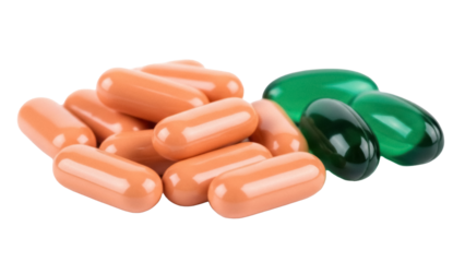 Pile of orange and green capsules isolated PNG, dietary supplements for health and wellness on transparent background