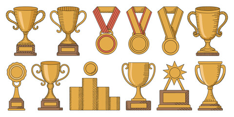 Gold winner award trophy icon collection, doodle line art illustration set featuring champion cups, victory medals, and ranking podium, perfect for business success, sports competition, prize presenta