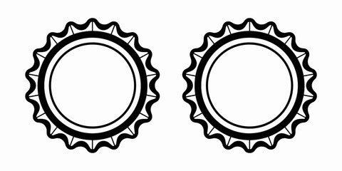 Two minimalist black and white crown bottle cap outlines, ideal graphic resource template icons for brewery logos, retro soda drink packaging design, beverage seals, or isolated abstract advertisement