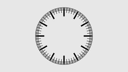 Minimalist blank clock face vector graphic resource template showing bold hour markers and fine minute tick marks on a precise circular dial, essential for business schedule planning, countdowns, dead