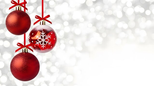 Three festive red christmas baubles with ribbons hanging against a shimmering white bokeh background, perfect for holiday greeting cards - Powered by Adobe