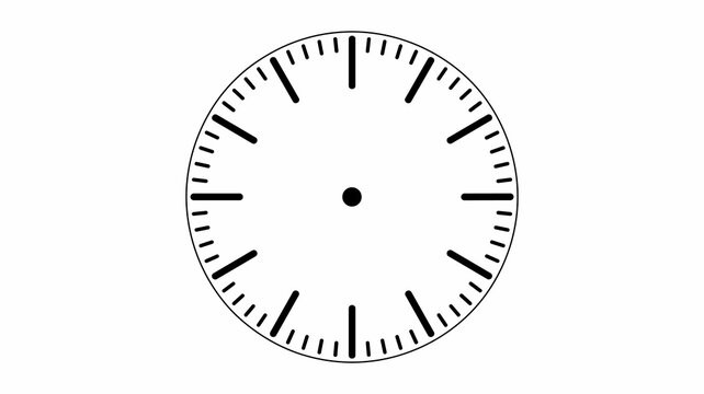This blank, empty analog clock face template features precise hour and minute indicators on a clean, bright white background, providing a versatile, modern graphic design element perfect for professio
