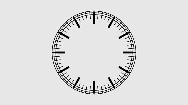 Minimalist blank clock face vector graphic resource template showing bold hour markers and fine minute tick marks on a precise circular dial, essential for business schedule planning, countdowns, dead