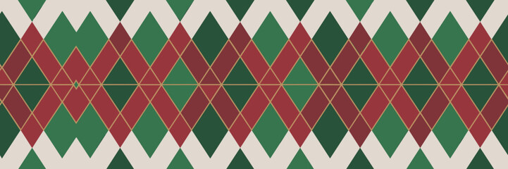 Seamless festive Argyle diamond pattern border in traditional Christmas holiday colors of deep red, maroon, hunter green, and cream, interwoven with thin gold metallic lines, perfect background for el