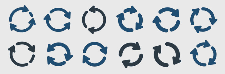 Comprehensive set of rotation, refresh, and recycling circular arrow symbols representing continuous synchronization, repeatable workflow, system regeneration, and looping data processes for web desig