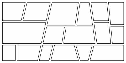 A blank, dynamic, abstract comic book panel template layout featuring multiple irregular polygonal cells and trapezoidal frames designed for creative sequential visual storytelling, modern graphic nov