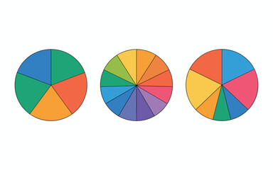 Obraz premium Three vibrant, colorful graphic vector pie charts displaying modern statistical data visualization, segmented into diverse proportional slices for business analysis and financial planning presentation