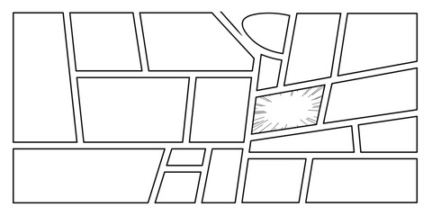 Dynamic comic book panel layout template featuring asymmetrical manga frames, wide cinematic views, and an intense action speed burst effect panel for impactful storytelling and visual communication d