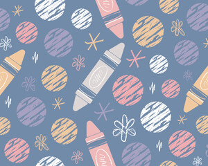Playful seamless pattern of chunky drawing crayons, textured polka dots, and whimsical doodles in a soft pastel color palette on a muted blue background, ideal for children's creativity, educational r