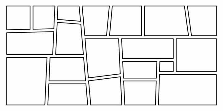 Modern dynamic asymmetrical comic book page template featuring multiple blank white panels framed by thick black lines, an adaptable graphic resource for creative website backgrounds, professional pre