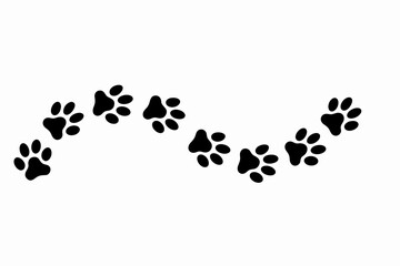 Black stylized animal paw prints vector graphic illustration forming a wavy trail on a clean white background, perfect design resource for pet adoption, veterinary marketing, website banner, or childr