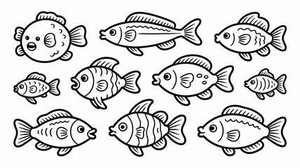 A delightful collection of ten simple black and white line art vector drawings featuring various cute tropical aquatic fish and ocean marine life creatures, ready for children's coloring book pages, e