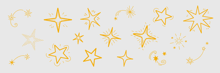 Hand-drawn golden yellow vector doodle stars and sparkle elements set, featuring various celestial shapes, bursts, and shooting comets; ideal graphic resource collection for magical, festive holiday c