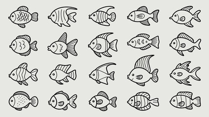 Large collection of twenty diverse tropical fish and ocean creature illustrations in a simple hand-drawn line art style, perfect as cute aquatic animal doodles, minimalist black outline graphic design
