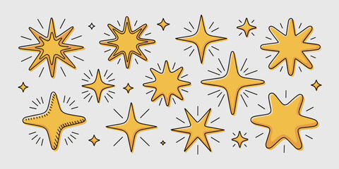 Collection of various yellow golden vector stars and shining sparkle bursts, decorative hand-drawn doodle elements for celestial design backgrounds, website badges, festive holiday celebration marketi