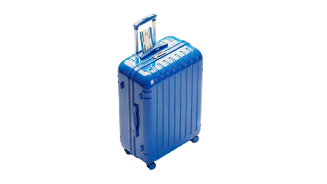 Vibrant blue wheeled suitcase isolated on a clean white background with a shiny metallic finish and silver handle perfect for travel and luggage themes
