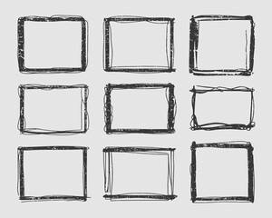 Hand-drawn sketchy grunge collection of nine square and rectangular design frames and borders with distressed ink texture for vintage scrapbook or modern graphic design elements, ideal for presentatio