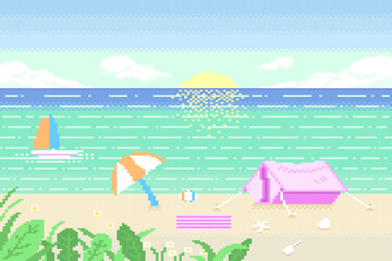 Summer seascape with tent on beach and sailboat on sky background pixel.
