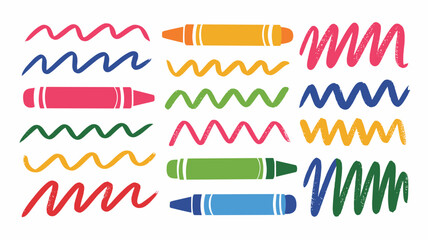 A vibrant collection of colorful drawing crayon tools and rough textured artistic zigzag wavy lines used as dynamic graphic design elements, borders, and creative project resources, ideal for school s