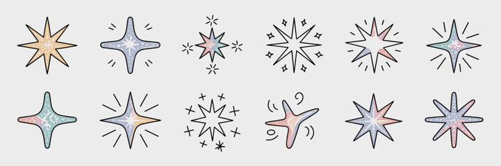 Obraz premium Hand drawn whimsical vector illustration set of twelve magic sparkle and glitter stars icons featuring cute pastel gradient colors and black outlines, perfect graphic elements for modern branding, dec