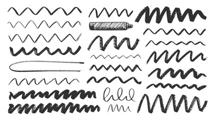 Diverse collection of hand-drawn scribble lines, messy wavy strokes, and rough zigzag marker textures, isolated graphic elements for artistic borders, dividers, emphasis, modern educational design, pr