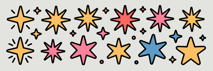 Fototapeta premium Retro groovy sparkling stars vector illustration set in vibrant yellow, pink, and blue colors with thick black outlines, featuring various burst shapes, doodles, and twinkle elements for trendy social