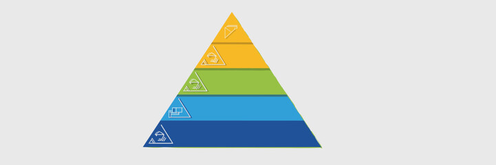 Professional modern five-step colorful pyramid infographic template diagram, depicting sequential stages of business process, strategic planning, goal setting, corporate hierarchy structure, and conti