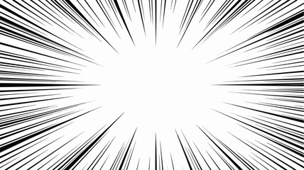 Naklejka premium Dynamic black and white speed lines radial zoom graphic illustration creating an intense high-energy burst effect background template perfect for comic book manga style covers, advertising, presentati