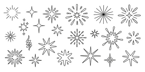 Extensive collection of diverse doodle starburst and sparkle light ray elements, perfect for modern graphic design assets, celebration icons, magic effects, and festive winter holiday decoration, feat