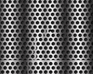 High-quality silver brushed metallic texture background of perforated stainless steel sheet metal, creating an abstract industrial grille pattern, perfect for modern technology advertising and mechani