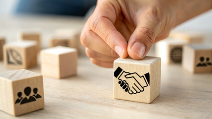 A hand interacting with wooden blocks, prominently displays a black icon of two hands shaking, symbolizing partnership or agreement