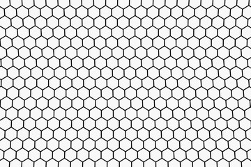 Detailed seamless repeating geometric honeycomb pattern texture background featuring uniform black hexagonal shapes on a crisp white surface, ideal for modern technology, science, data analysis, netwo