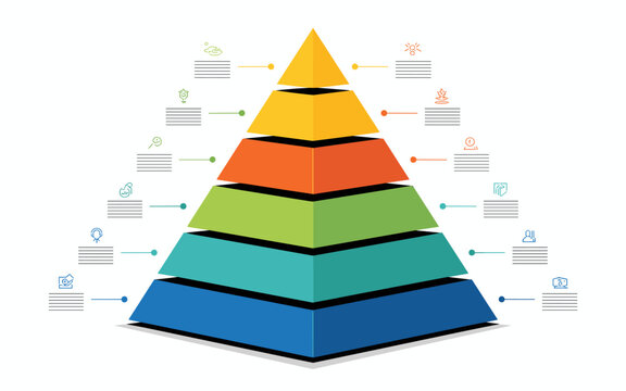 A professional 3D pyramid infographic diagram visualization template displaying six colorful layered steps, stages, or development levels, perfect for strategic business presentations, education, prio
