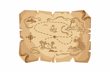 Obraz premium Detailed vintage cartoon treasure map outline illustration showing a pirate journey and ocean navigation route path. Drawn in sepia brown line art on old crumpled parchment paper, featuring tropical i