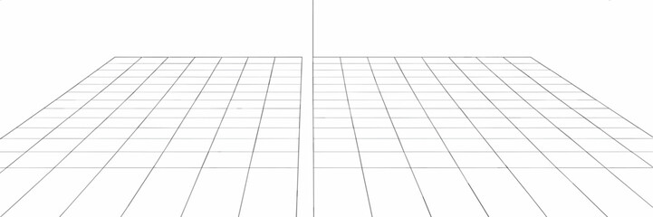 Minimalist abstract black and white perspective grid background graphic design element showing a receding geometric floor plane toward a central vanishing point, perfect for technology concepts, archi
