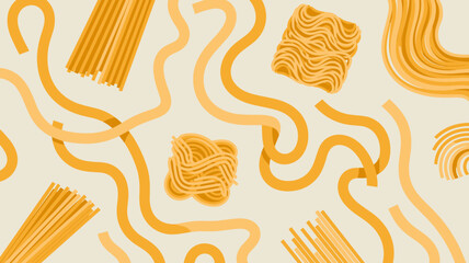 Dynamic culinary abstract pattern featuring various Italian pasta shapes and Asian noodles, including thick ribbon fettuccine, thin spaghetti, coiled knots, and wavy instant ramen, set in a modern vec