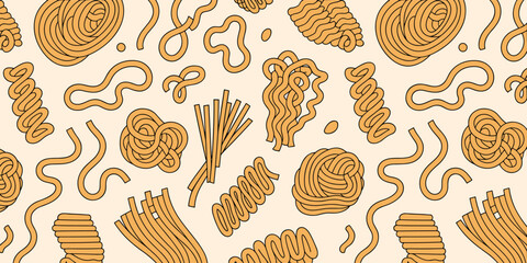 Minimalist seamless pasta pattern illustration featuring various coiled dry noodle shapes, including spaghetti, fusilli, wavy strands, and bundles of ramen, creating a repetitive decorative food backg