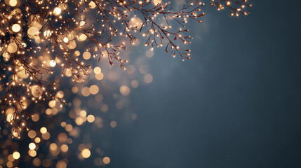 Golden fairy lights on branches with blue copy space, festive bokeh background
