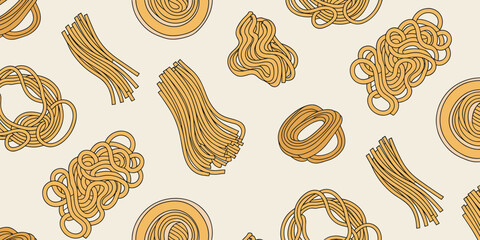 Modern seamless pattern featuring hand-drawn vector illustration of different raw pasta shapes and noodles like spaghetti, coiled fettuccine, and tangled dough ingredients, creating a repeating culina