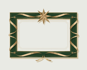 Luxurious formal certificate border frame template featuring rich emerald green and shimmering golden ribbon accents with a central starburst design, perfect for professional diplomas, elegant invitat