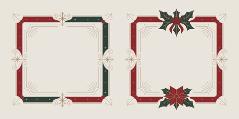 Elegant Christmas holiday frames graphic resources featuring decorative holly and poinsettia borders, ideal vector templates for seasonal invitations, menus, and certificate stationary design with cla