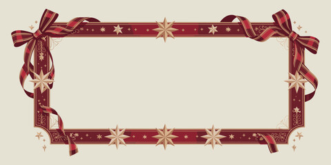 Festive and elegant vintage Christmas frame border template displaying ornate gold stars and detailed red plaid ribbon bows, ideal luxury graphic resource for holiday invitations, wedding announcement