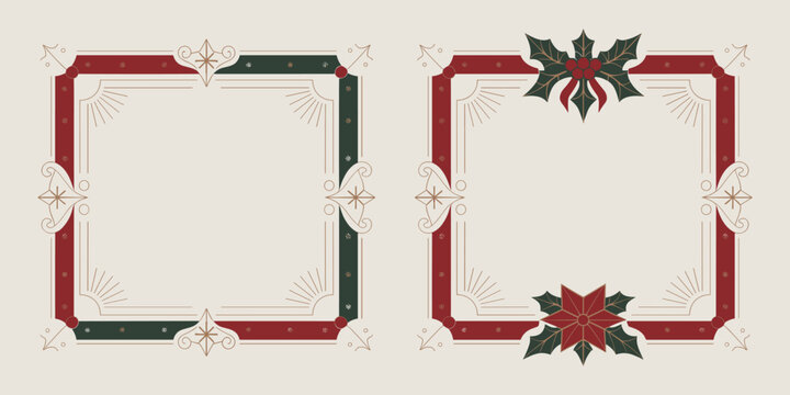 Elegant Christmas holiday frames graphic resources featuring decorative holly and poinsettia borders, ideal vector templates for seasonal invitations, menus, and certificate stationary design with cla