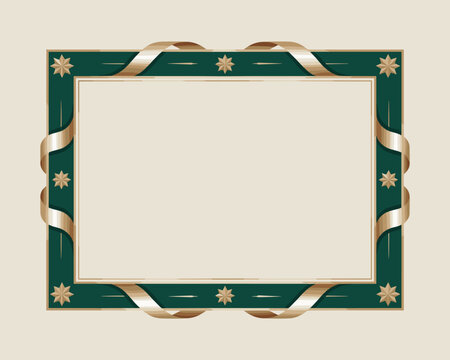 Elegant luxury professional decorative rectangular frame template featuring an ornate emerald green border with rich gold ribbons and classic vintage Art Deco star accents for prestigious diploma cert