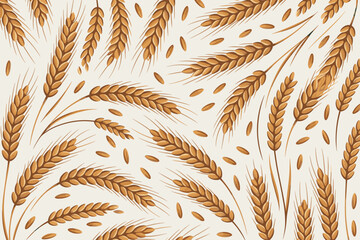 Golden brown ripe wheat ears, sprigs, and scattered cereal grains creating an abundant seamless vector pattern background for baking and food industry marketing, textile design, website graphics, or t
