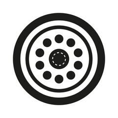 Black car wheel. Geometric transport element. Abstract circle design. Vector flat illustration.