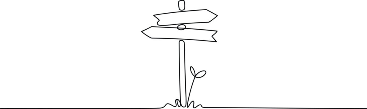 A continuous line drawing illustrates a wooden signpost with two blank directional arrows pointing outwards