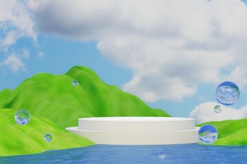 White podium with in blue water surrounded by green hills and glass spheres. 3D rendering.