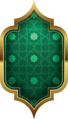 Elegant green Islamic ornamental frame with golden borders and geometric pattern details