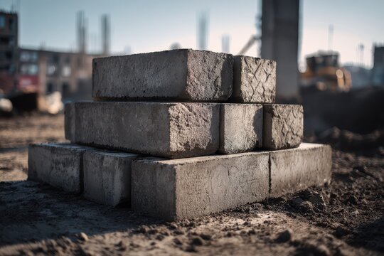 Raw building materials: square concrete blocks stacked for sturdy masonry